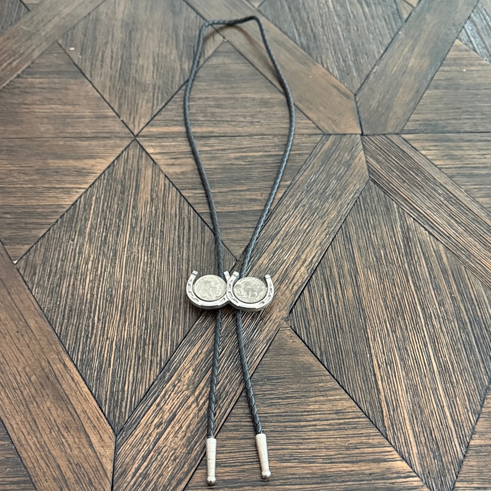 Vintage Leather Horseshoe Bolo Tie 1935 Buffalo Nickel Coin Necklace